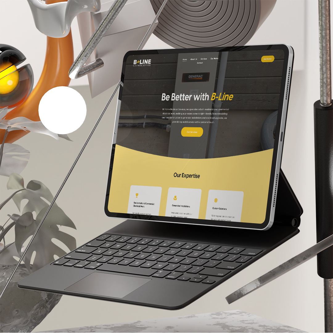 B-Line Electrical website displayed on a tablet with keyboard