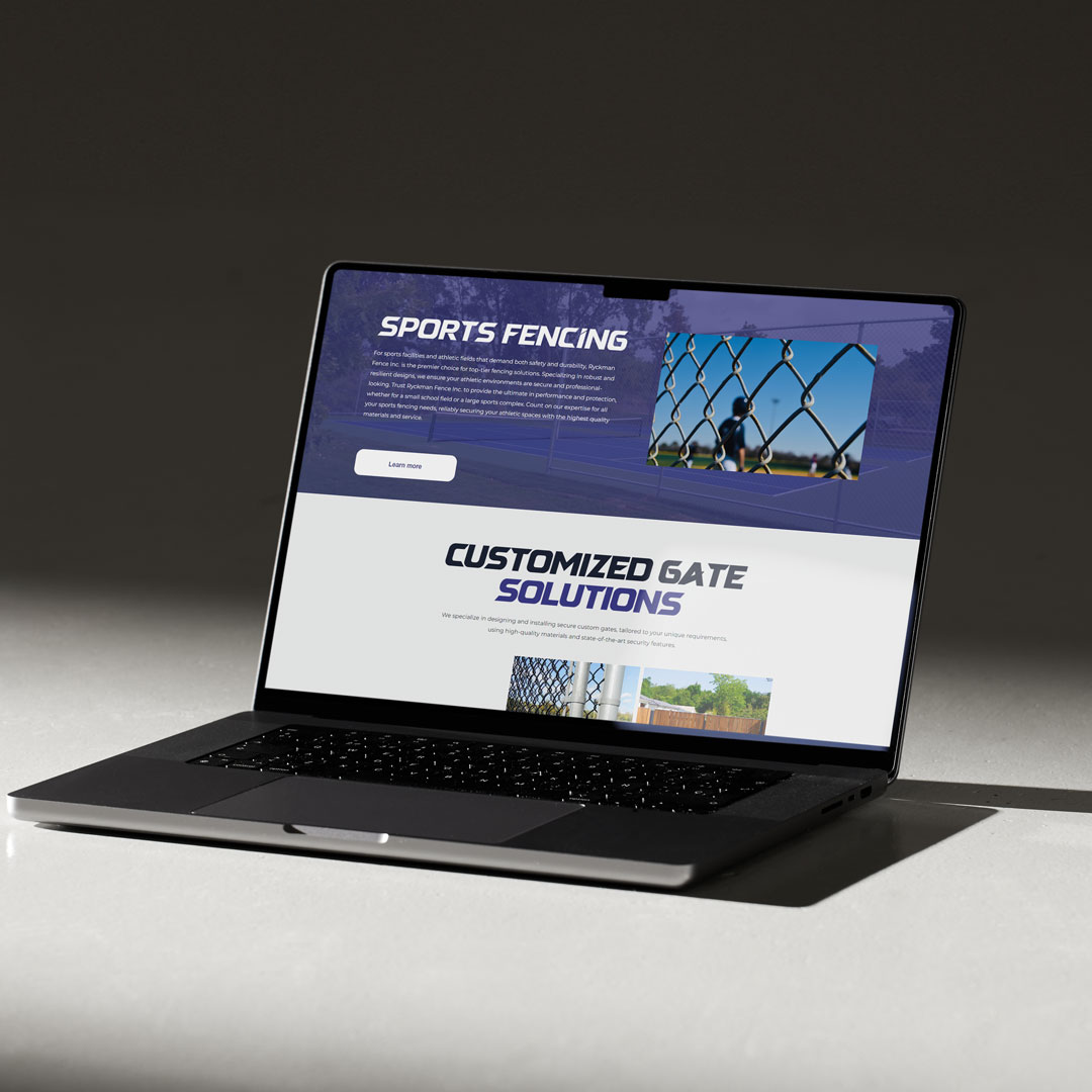 Ryckman Fence sports fencing and gate solutions sections on a laptop