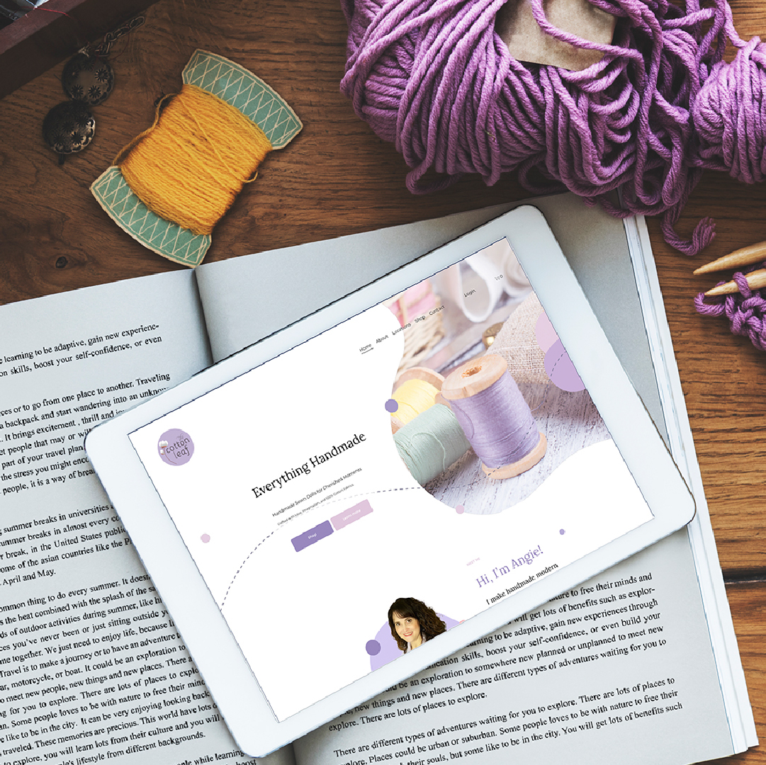 The Cotton Leaf website viewed on a tablet beside yarn and thread