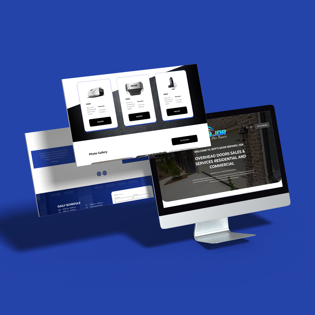 Jeff's Door Repairs website shown on a desktop monitor